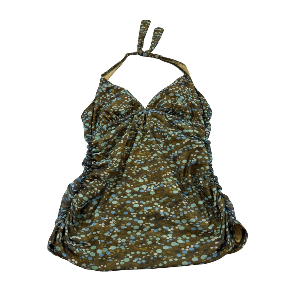 Athena Tankini Top Brown Blue‎ Polka Dot Halter Metallic Sparkle Glam Y2K Boho L